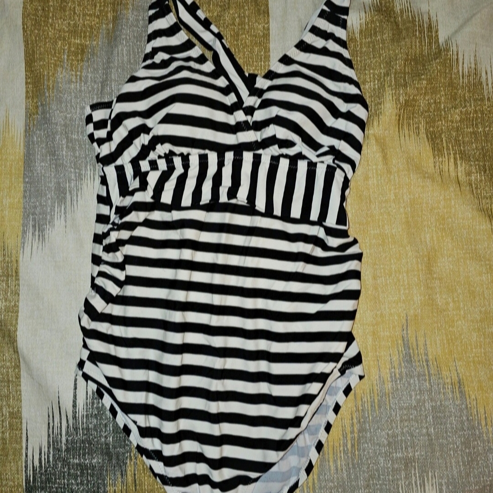 Motherhood Maternity Black and White Striped One-Piece Swimsuit